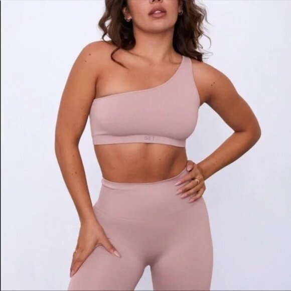 SET ACTIVE Pants - SET ACTIVE Scultpflex Ribbed Amethyst One Shoulder Bra + Leggings Size‎ Small